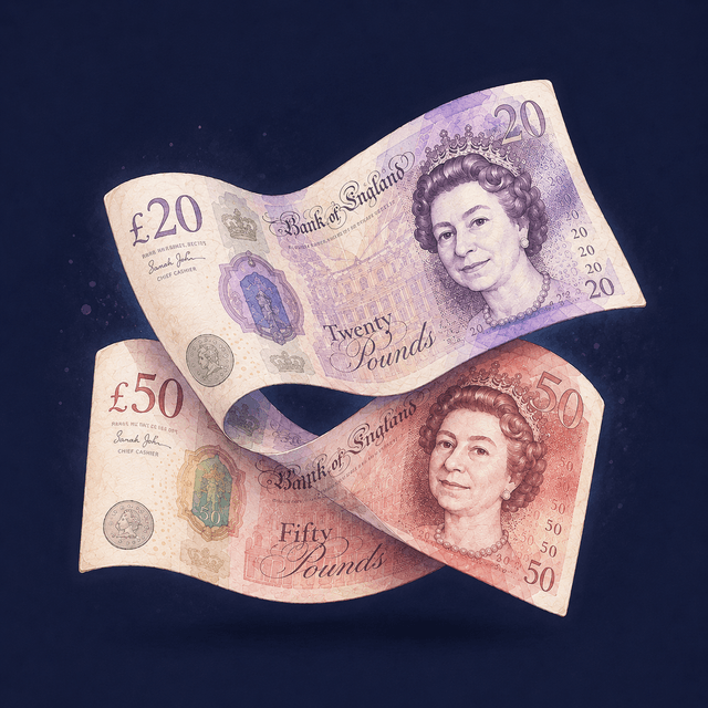 An illustration of a twenty and a fifty pound note
