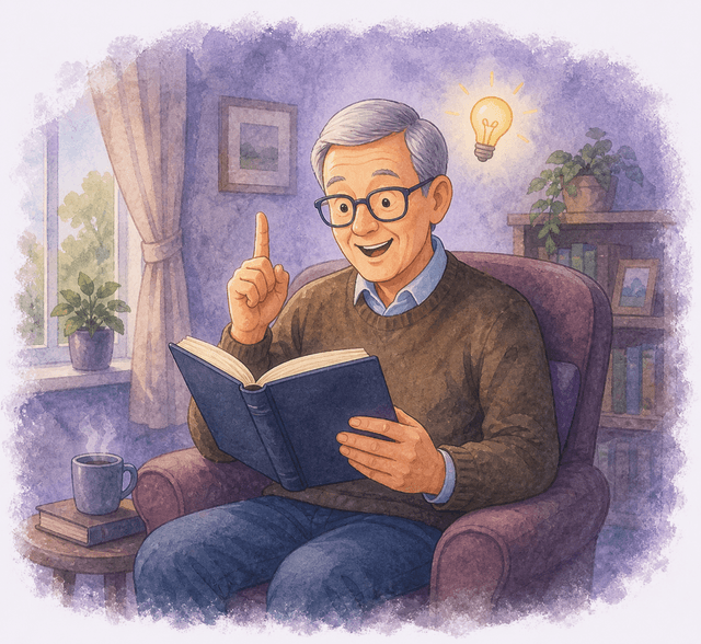 An illustration of a man reading in an armchair with a lightbulb above him