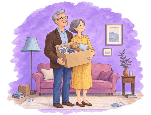 An older couple in their living room holding a box of framed photographs and keepsakes