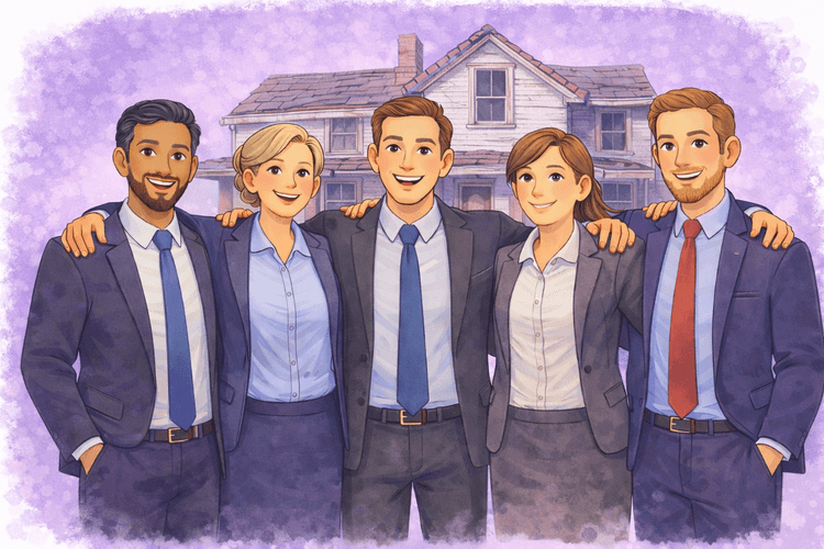 An illustration of the Augusta Probate team standing together in front of a period house in need of work