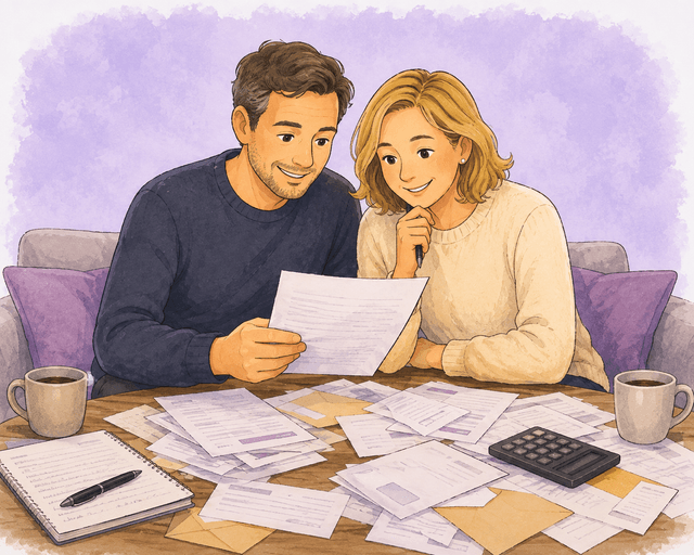 An illustration of a couple reading a letter together, with the paperwork of an estate spread across the table in front of them