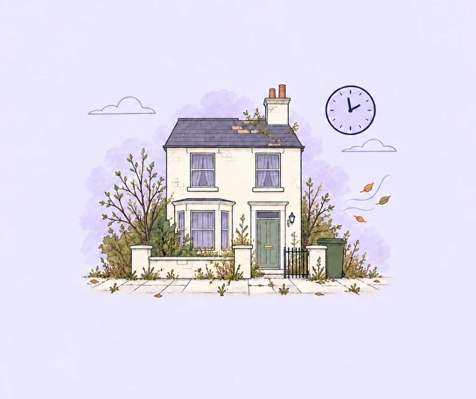 A cream two-storey house with a slate roof and an overgrown front garden, a wall clock and falling leaves beside it