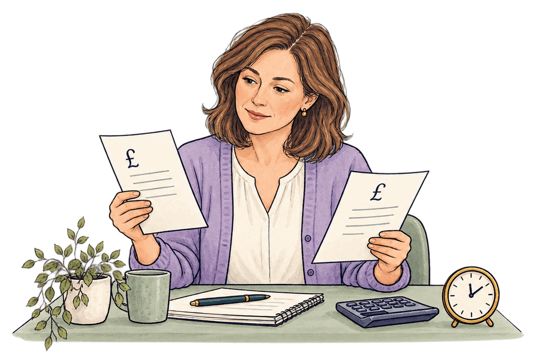 A woman at a desk holding two sheets marked with pound signs, comparing them, with a notebook, calculator and clock beside her