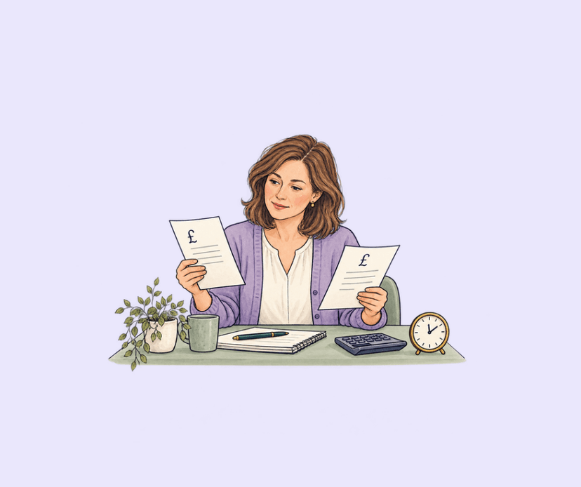 A woman at a desk holding two sheets marked with pound signs, comparing them, with a notebook, calculator and clock beside her