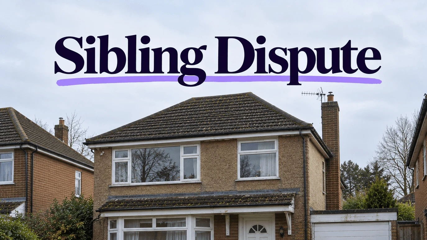 The words "Sibling Dispute" underlined in purple above a photograph of a pebbledashed detached house with an overgrown front garden, a weathered garage door and a cracked driveway