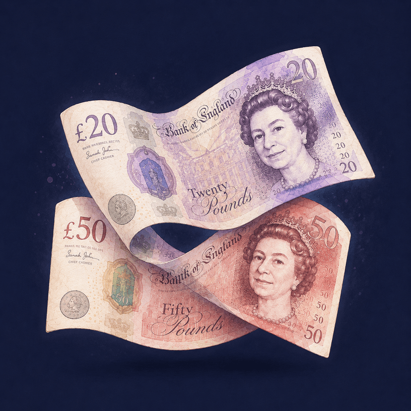 An illustration of a twenty and a fifty pound note