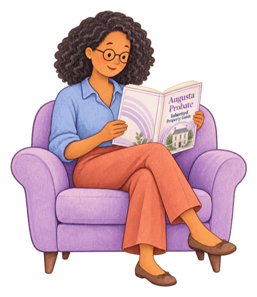 A woman in an armchair reading an Augusta Probate inherited property guide