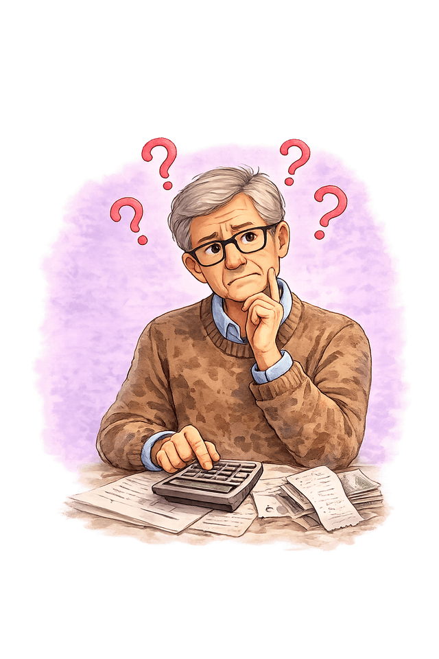 An executor at a kitchen table with a calculator, working through the estate's bills